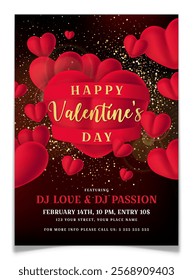 Valentines Day party invitation card design. Music performance invite postcard. Red 3D heart with ribbons and golden text. Bokeh background with glitter. Holiday DJ event poster. Vector illustration.