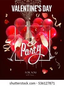 Valentine's Day party invitation card with red air balloons, flying serpentine and rose petals, bottle and glasses of champagne. Vector illustration