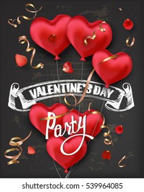 Valentine's Day party invitation card with red heart shaped air balloons and blackboard background. Vector illustration