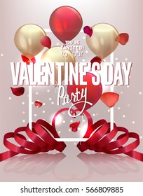 Valentine's Day party invitation card with  curly ribbon ,flying rose petals and air balloons. Vector illustration