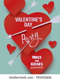 Valentine's Day  party invitation card with  paper hearts and arrows. Vector illustration
