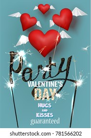 Valentine's Day  party invitation card with hearts with wings, arrows and sparkler. Vector illustration