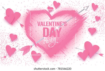 Valentine's Day party invitation card with pink hearts. Vector illustration