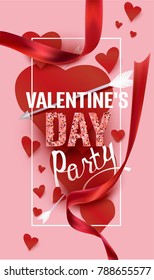 Valentine's Day party invitation card with red hearts with arrows and ribbons. Vector illustration