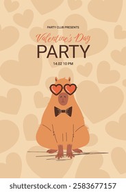 Valentine's Day Party Invitation. Flat design of funny romantic capybara. Vector