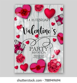 Valentine's Day Party Invitation. Heart wedding background Rose Gift box on grey wooden texture