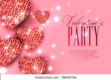 Valentine's Day Party Invitation. Heart wedding background  festive sparkle Glitter red heart. Valentine day card Illustration. Wedding invitation card