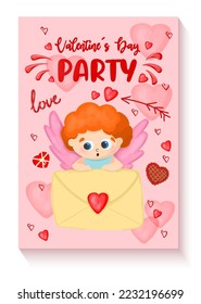 VALENTINE'S DAY PARTY INVITATION POSTER. Vertical banner for St. Valentine's Day. Pink background with hearts and cupid. Cupid is an angel.