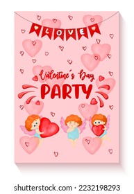 VALENTINE'S DAY PARTY INVITATION POSTER. Vertical banner for St. Valentine's Day. Pink background with hearts and sweets.