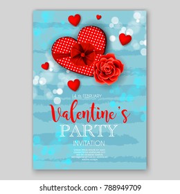 Valentine's Day Party Invitation. Red Hearts Rose Goft box wedding card blue background