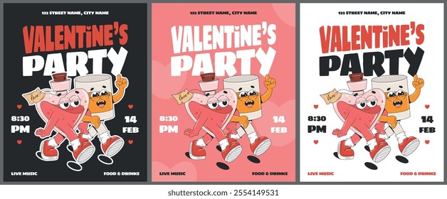 Valentines Day party invitation templates with groovy cartoon love potion and whisky characters. Design for flyer, poster, banner or greeting card. Love concept.