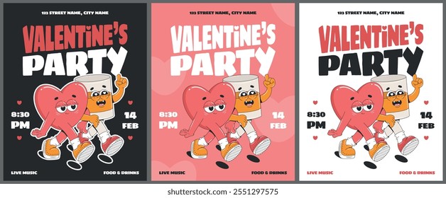 Os convites para a festa do Dia dos Namorados com personagens groovy de coração e uísque.
Design para folheto, cartaz, banner ou cartão de mensagem. Conceito de amor.
