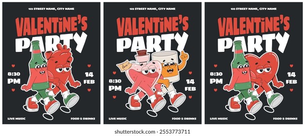 Valentines Day Party invitations with groovy cartoon characters. Heart, love potion, beer bottle, whiskey. Design for flyer, greeting card, banner, poster. Love concept.