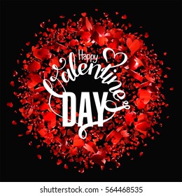 Valentines Day Party Lettering greeting card or Flyer template. Love invitation design. Beautiful luxury holiday background with 3D flying red hearts. Vector Illustration.