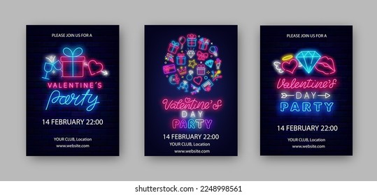 Valentines Day party neon poster collection. Round layout with romantic icons. February holiday evening. Luminous vertical flyers ser. Diamond, present and lips. Vector stock illustration