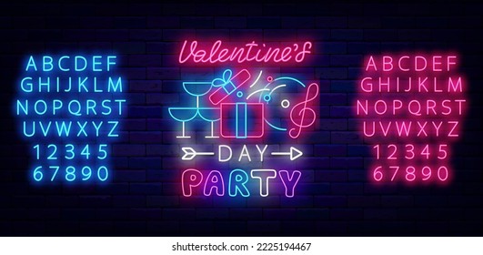 Valentines Day party neon signboard. February season celebration. Night club event. Light advertising on brick wall. Glowing pink and blue alphabet. Present, music and drink. Vector stock illustration