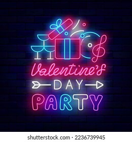 Valentines Day party neon signboard. February season celebration. Night club event. Light advertising on brick wall. Glowing emblem. Romantic holiday. Present, music and drink. Vector stock illustrati