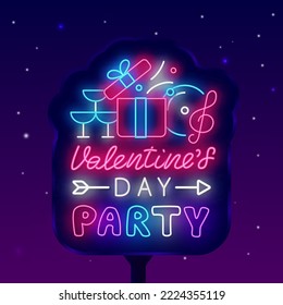 Valentines Day party neon street billboard. February season celebration. Night club event. Light advertising. Glowing emblem. Romantic holiday. Present, music and drink. Vector stock illustration