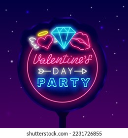 Valentines day party neon street billboard. Circle frame. February holiday celebration. Diamond, heart and lips. Glowing emblem. Minimal shiny banner. Romantic evening. Vector stock illustration