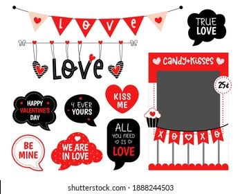 Valentines day party photo booth props. Candy and kisses booth. Love bunting. Speech bubble with text. Selfie photobooth. 