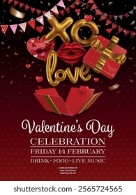 valentine's day party poster with 3d gift box and party balloons. valentine flyer with party baloons and pennants