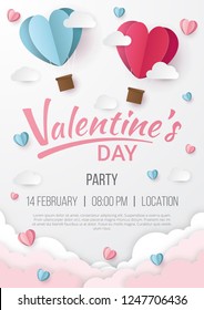 Valentines day party poster background with Heart paper cut style. Can be used for Wallpaper, flyers, invitation, posters, brochure, banners. Vector illustration.