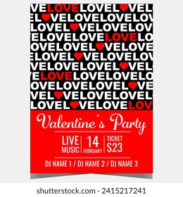 Valentine's Day party poster or banner filled with red and white hearts and word Love. Invitation leaflet or flyer for an entertainment event at a disco dance club during Feast of Saint Valentine.