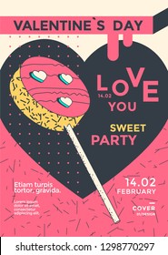 Valentine's Day party poster. Beautiful flyer with lollipop and heart. Vector illustration