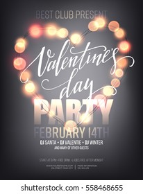 Valentines day Party poster with bright lights. Vector illustration EPS10