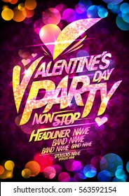 Valentine's day party poster design mockup, golden rich mosaic text, bokeh lights backdrop 