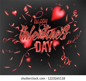 Valentines day party poster with levitating confetti and serpentine. Vector illustration