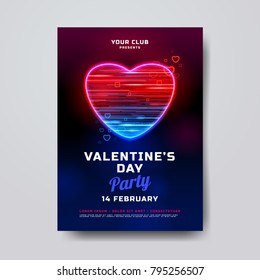 Valentines Day party poster mockup. Holiday banner with neon heart textured with movement particles. Romantic party invitation. Vector illustration. Club flyer template. Futuristic digital theme.