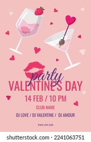 valentines day party poster on pink background with heart print lips and drinks in glasses