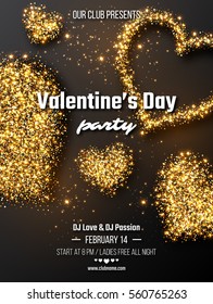 Valentine's day party poster. Realistic luxury golden hearts and glowing lights. Black color background. Vector illustration.