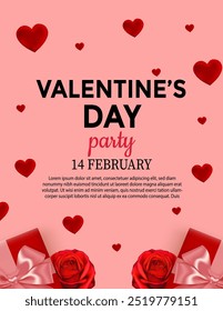 Valentine's day party poster. Red hearts and gift design for 14th February celebration