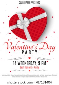 Valentines Day party poster. Red box from the heart and a white ribbon with a bow. Romantic composition on a white background. Confetti of hearts. Invitation to the club. Vector illustration.