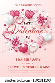 Valentine's day party poster template with 3D hearts, shining lights and gift box. Vector illustration