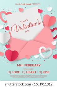 Valentine's day party poster template with heart shape, envelope and gift box. Paper cut style. Vector illustration