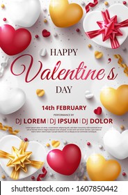Valentine's day party poster template with 3D hearts, and gift box. Vector illustration