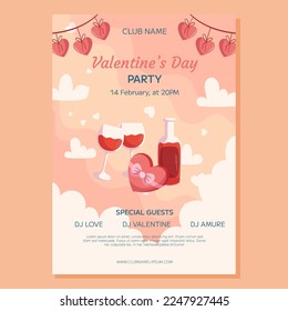 Valentine's Day Party poster template design. Bottle and two glass of wine, box with chocolate in heart shape with ribbon, hearts garland on top. Event invitation for club