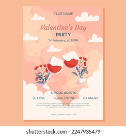 Valentine's Day Party poster template design. Two glass of wine with flowers behind it on beige back white clounds. Event invitation for club