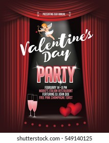 Valentines Day Party poster template. Cupid, pink champagne, red hearts and copy space design. Invitation for Valentines celebration at your venue. Matchmaking for February 14th. EPS 10 vector.