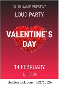 Valentines Day party poster template with shiny glitter heart. Valentines Day banner for holiday event
