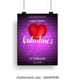 Valentines Day party poster template with glossy balloon and calligraphy. Valentine's Day poster.