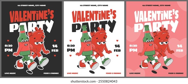 Diseño de carteles de fiesta de San Valentín con corazón de dibujos animados y botella de cerveza. Plantilla de invitación, volante, póster o Anuncio. Ilustración de concepto de amor.