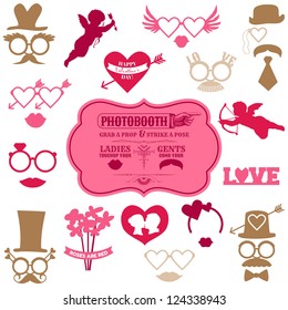 Valentine's Day Party set - Photo Booth props - glasses, hats, lips, mustaches, masks - in vector