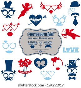 Valentine's Day Party set - photobooth props - glasses, hats, lips, mustaches, masks - in vector