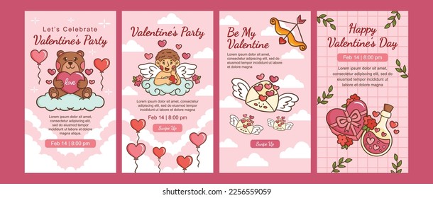 Valentines day party stories social media portrait with hand drawn illustration set include bear, love, cupid, message heart, potion and chocolate cake template design