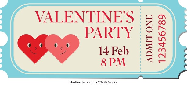 Valentine's Day Party Ticket. Ticket template isolated on white and transparent background.