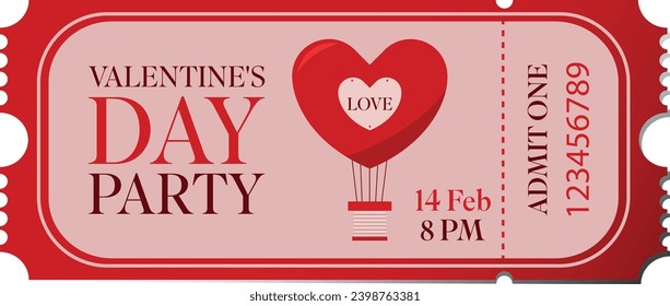 Valentine's Day Party Ticket. Ticket template isolated on white and transparent background.
